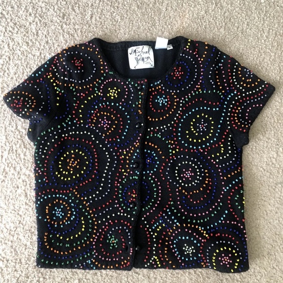 Michael Simon Women’s Vintage 90s Short Sleeve Sweater Cardigan Beaded Swirls M - Picture 1 of 4